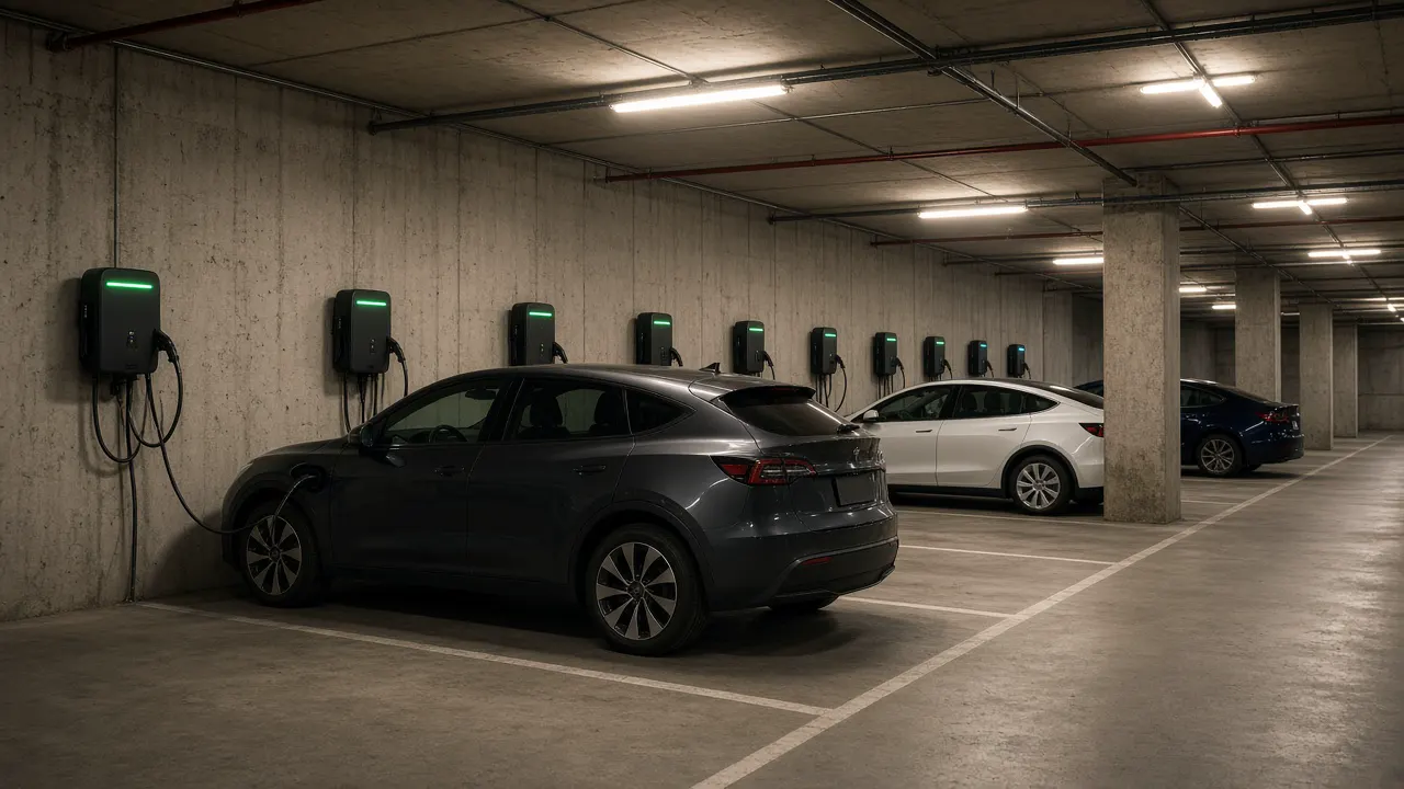 An electric crossover parked at an outdoor apartment-complex charger at dusk, with no people in the frame