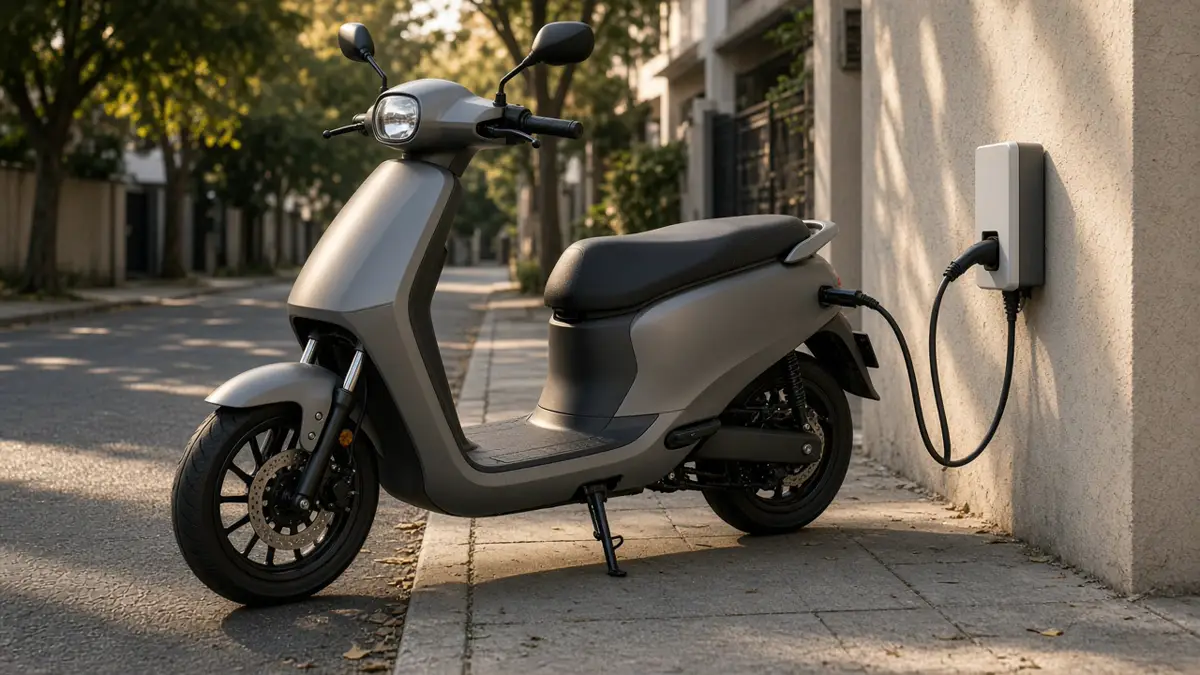 A gray electric scooter plugged into a plain wall charger on a quiet street, with no badges and no people