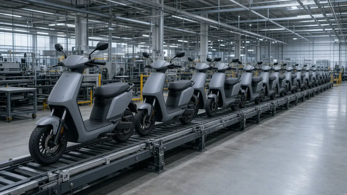A row of unbranded electric scooters on an empty factory line, with no people and no logos