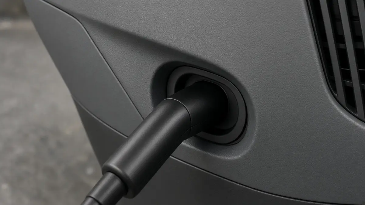 A close view of a black charging plug in the side of a gray scooter, with no badges or text