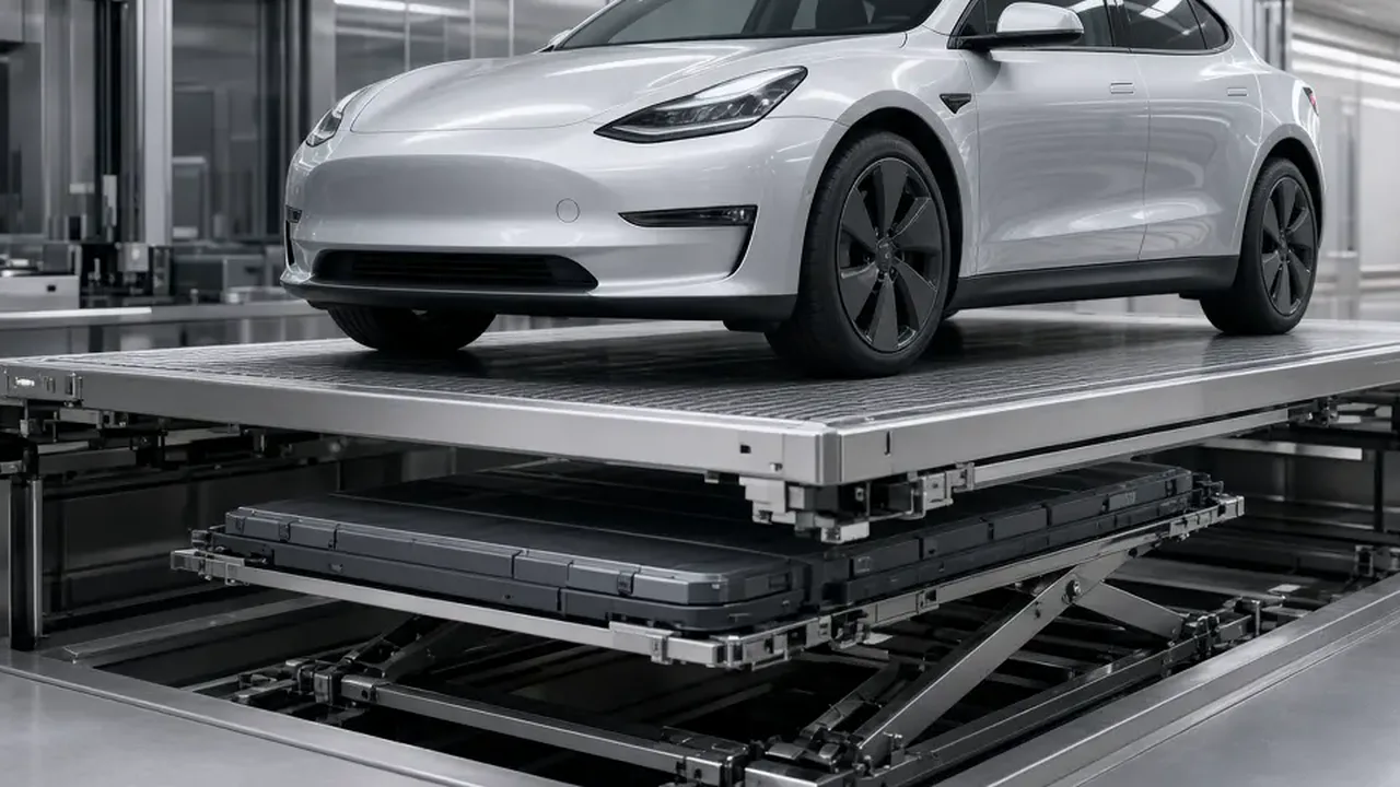 The side of an electric sedan above a service platform inside a battery-swap bay, with no people in the frame