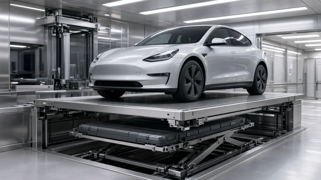 An electric sedan parked inside a battery-swap station, seen from the side, with no people in the frame