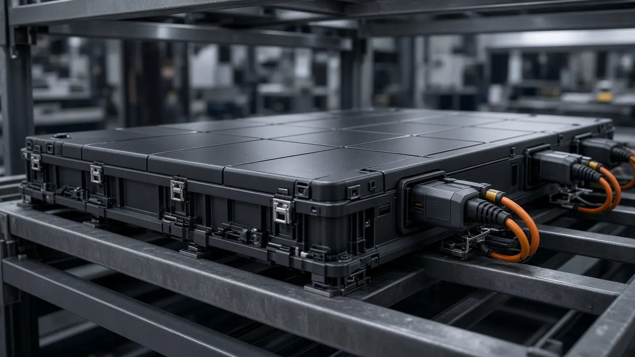 A rectangular battery pack resting on a stand in a clean workshop, with no people in the frame
