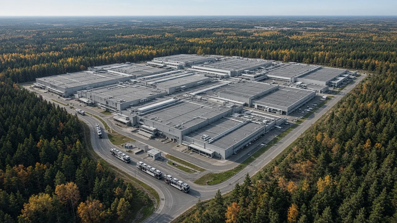 An aerial view of a large white factory complex with a dark roof, parking areas, and trees, with no readable signage