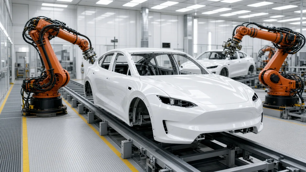 A paint line with white car bodies on carriers and workers in white protective suits, inside a bright factory bay with no readable logos