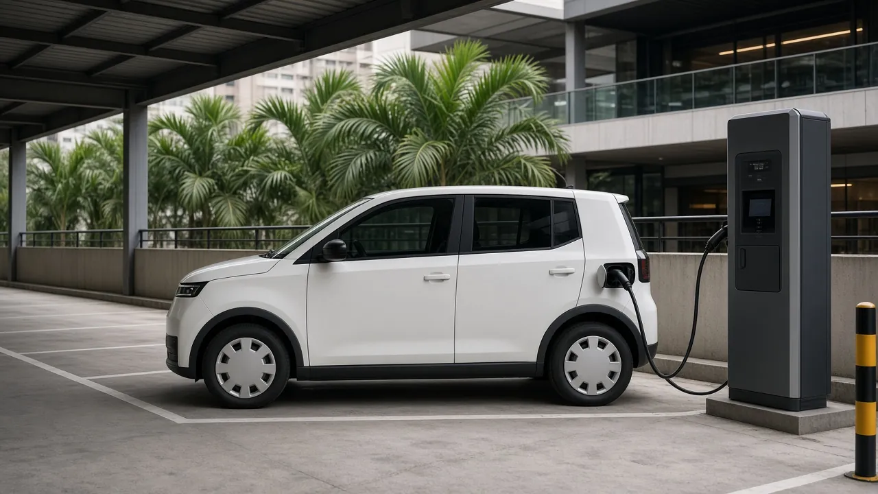 A white hatchback plugged into a charger beside a palm tree, with no readable badges
