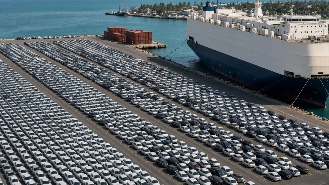 A car carrier at a port terminal with rows of new cars on deck and cranes in the background