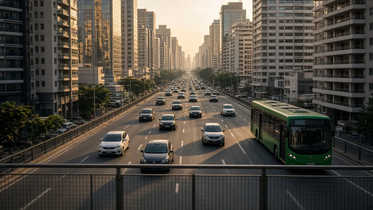 A wide city avenue with traffic, a long city bus, and tall buildings, in daylight