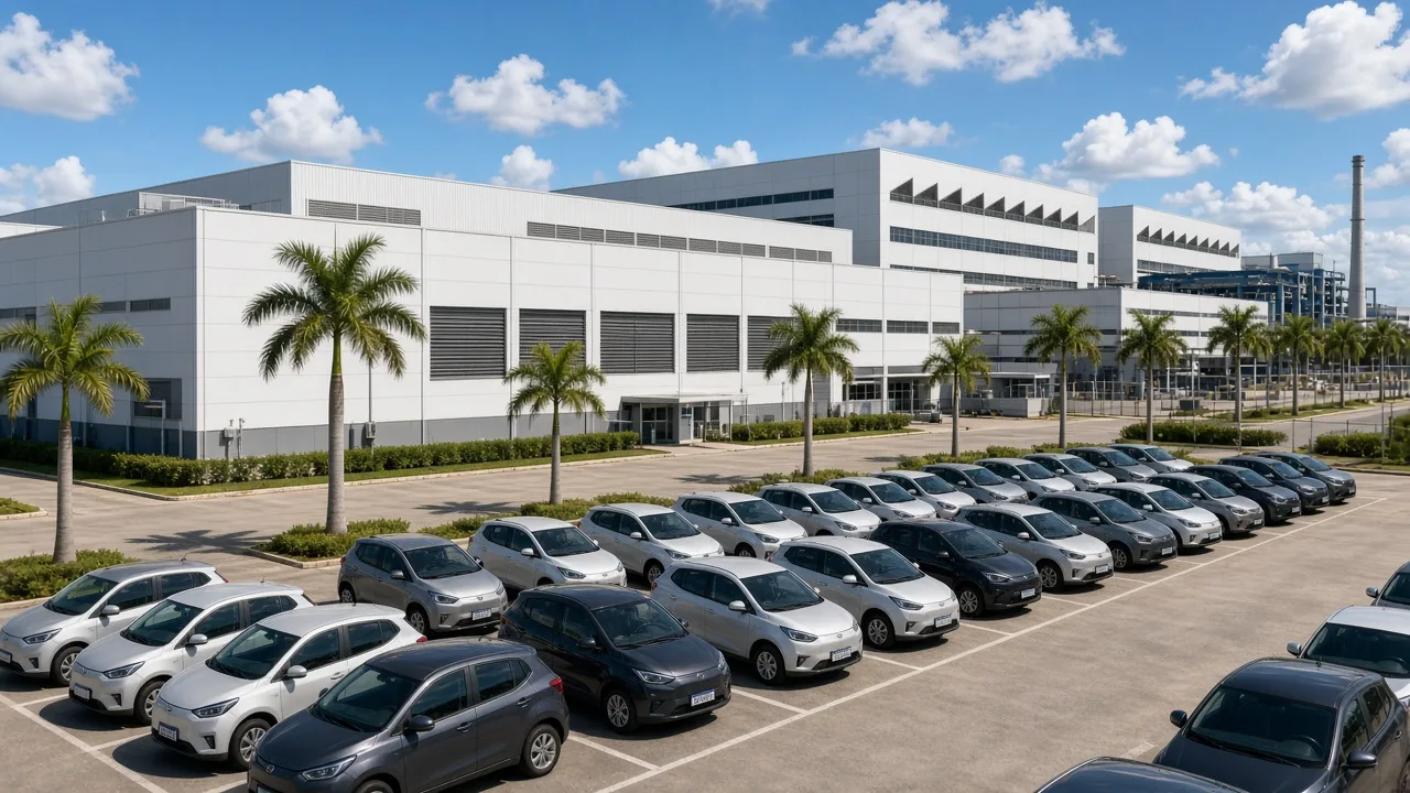 A long white factory with a sawtooth roof behind palm trees, under a bright sky, with no people and no readable signs