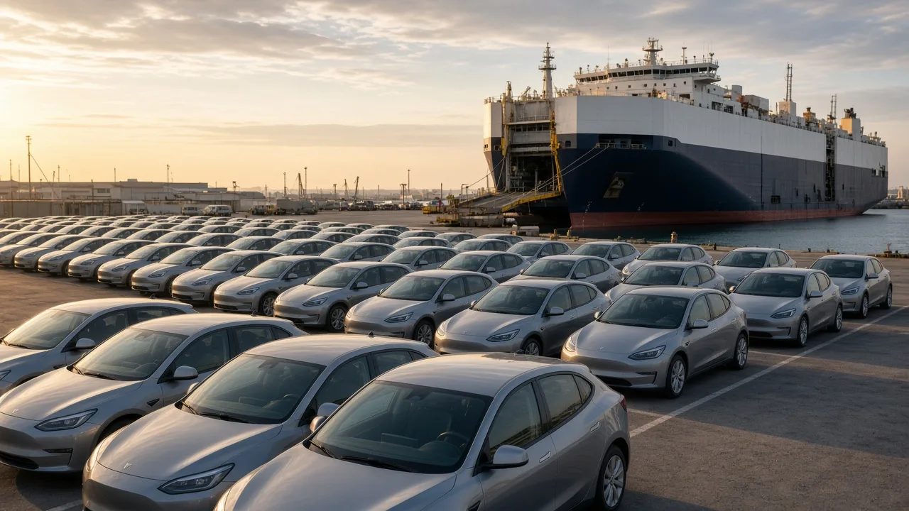 Rows of identical white electric crossovers parked on a dock beside a container ship, with no people and no readable badging