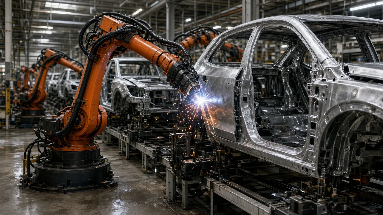 An orange robotic arm welding a car body on a factory line, with one worker in a high-visibility vest nearby and no readable badges
