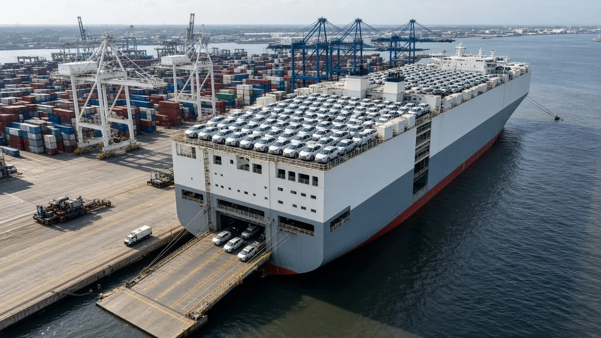 Aerial view of a car carrier ship with new cars packed on its top deck, moored at a container port beside cranes and a loading ramp