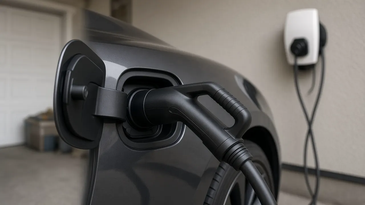 A close view of a charging connector seated in a dark vehicle's charge port, with no people in the frame