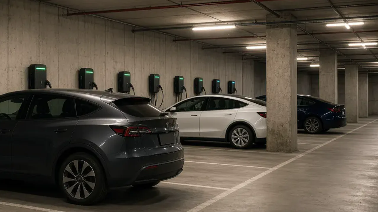 Wall-mounted charging units on a brick wall in an outdoor parking area at dusk, with no people in view