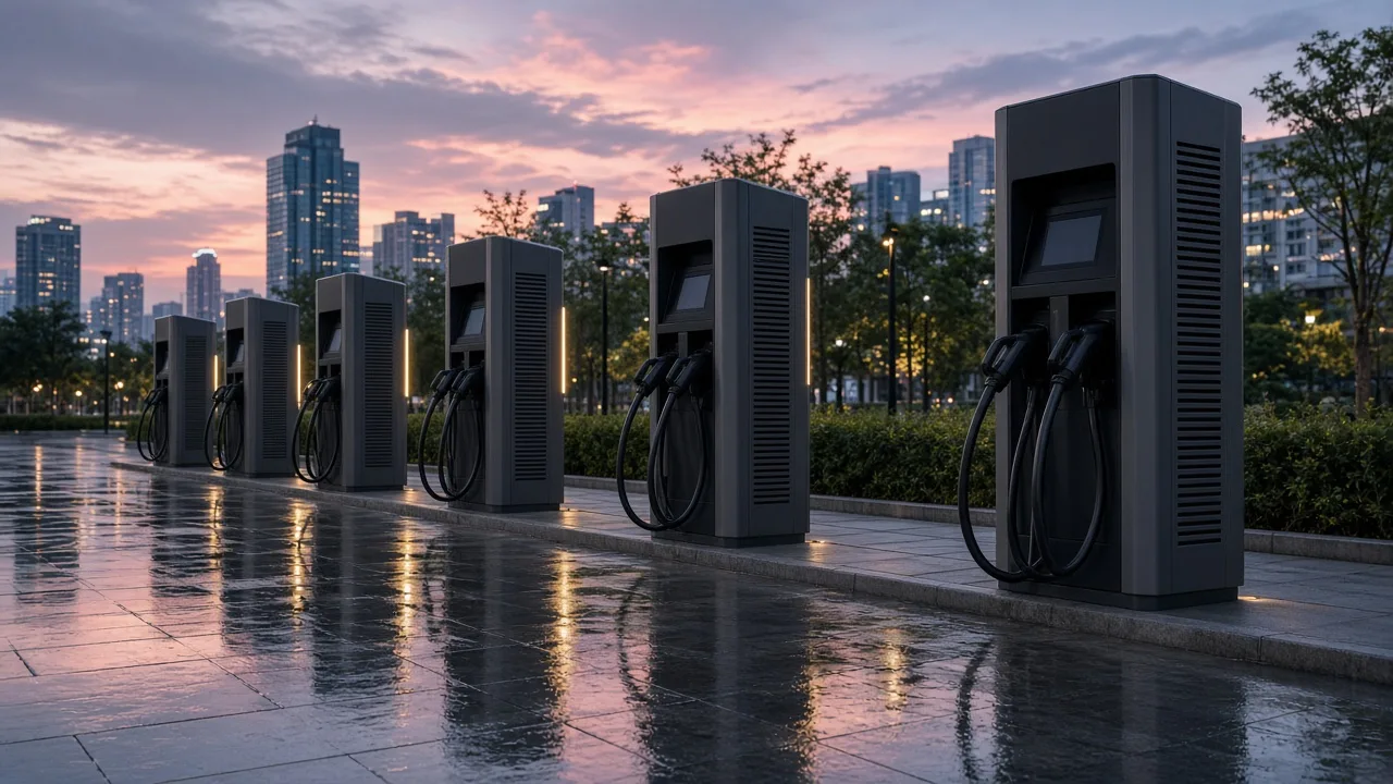 A row of tall white fast-charging cabinets under amber canopy lights, on wet pavement at dusk, with no people and no readable brand names