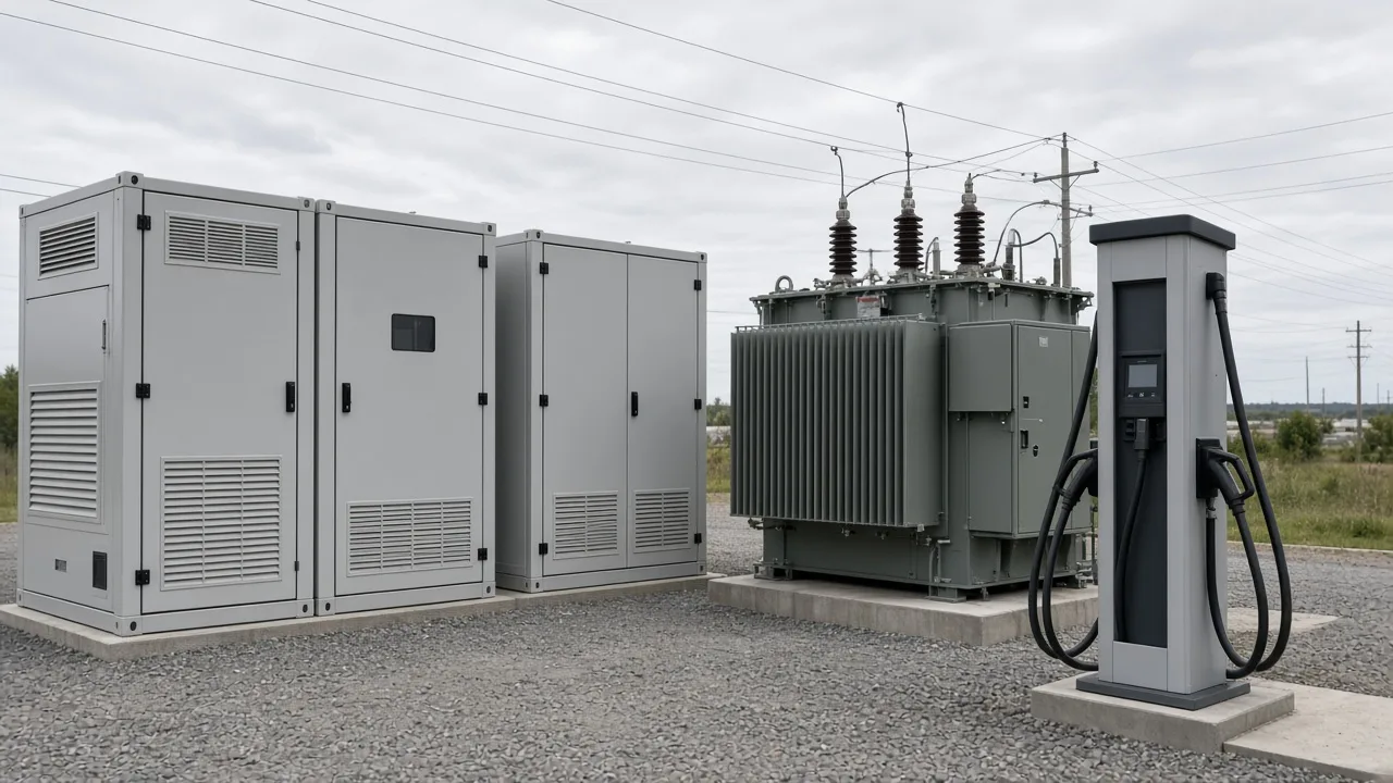 White battery-storage cabinets and a grey transformer beside an orange fast charger on a concrete pad, with no people in view