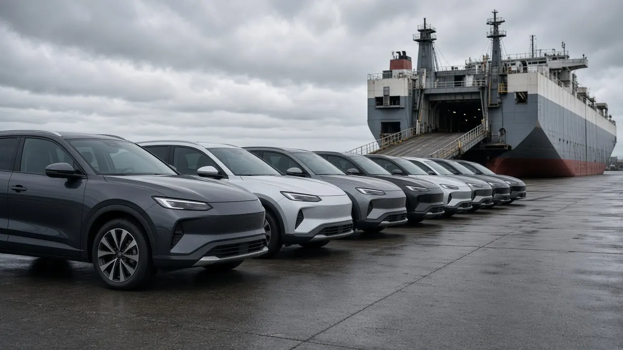 Rows of white SUVs parked at a port, with a car-carrier ship at the dock