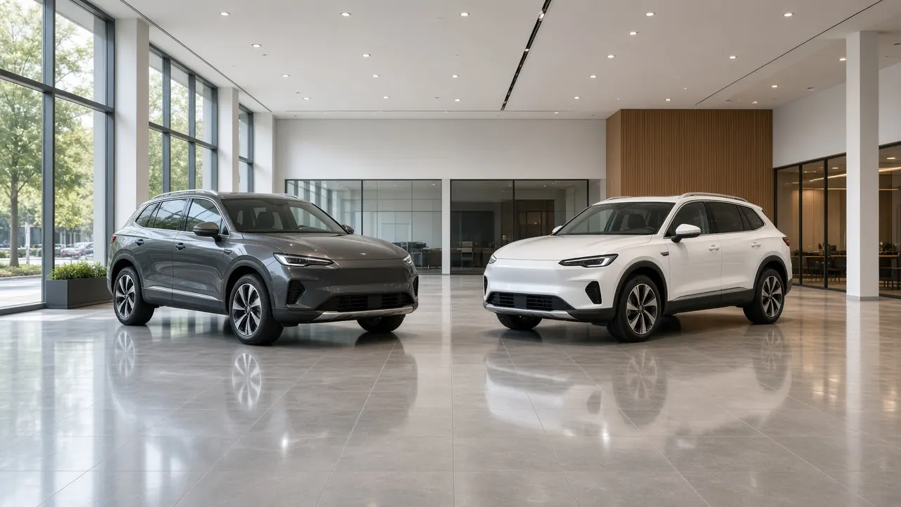 Two dark SUVs in an empty showroom with a glossy floor and no readable signs