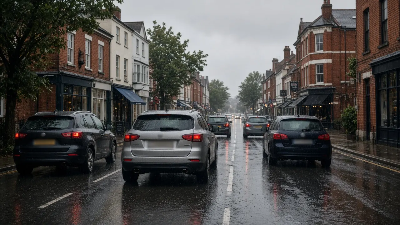 A rainy British high street with a red bus, black cabs, and wet pavement