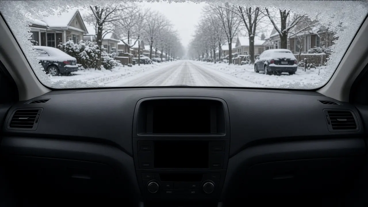 A view through a windshield onto a snow-covered street, from a dark dashboard with no readable screen text