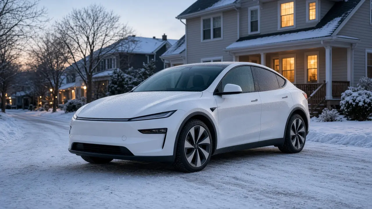 A white electric crossover parked on a snowy residential street at dusk, with no people and no readable badges