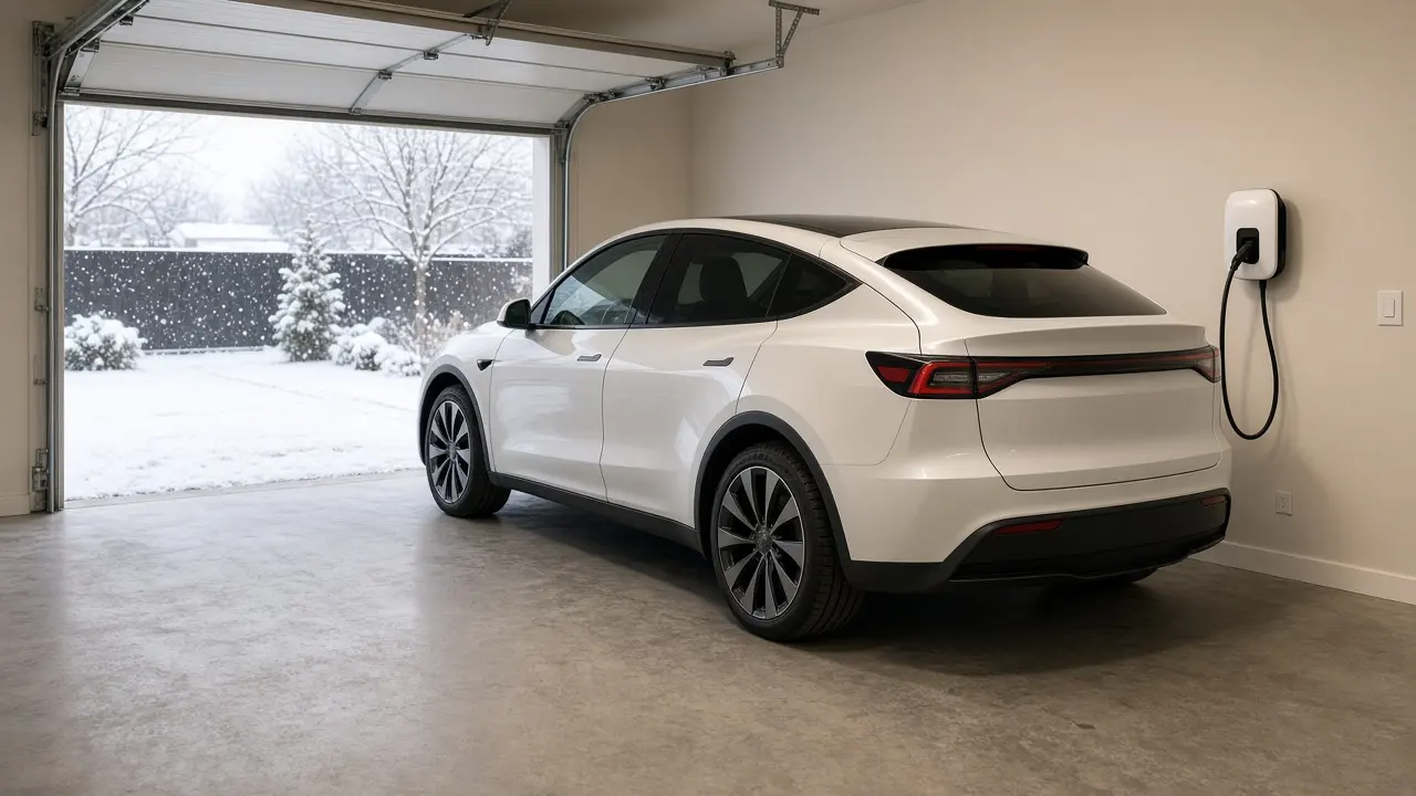 A white electric crossover plugged into a wall charger inside an open garage, with snow outside and no people in view