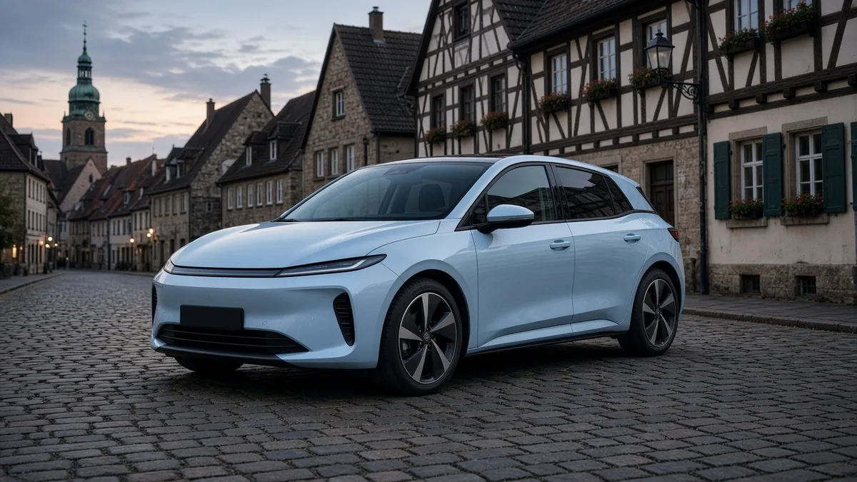 A pale blue five-door electric hatchback with no badges parked on a cobbled street lined with half-timbered houses at dusk, with no people