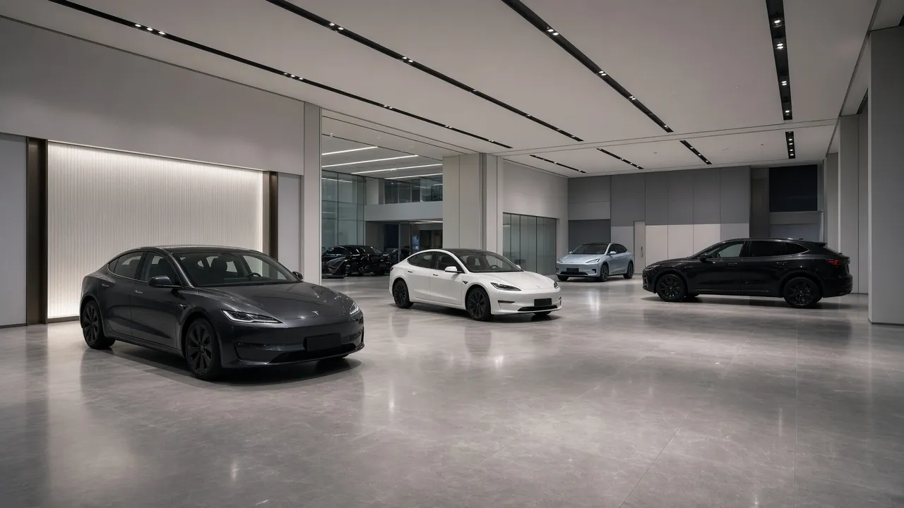 A bright showroom with several electric crossovers and sedans on the floor, and no readable badges