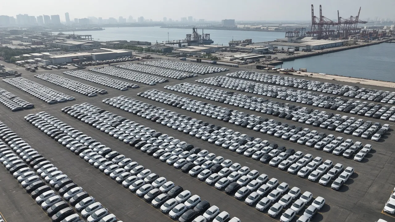 An aerial view of a port car lot filled with rows of new vehicles, with no readable markings