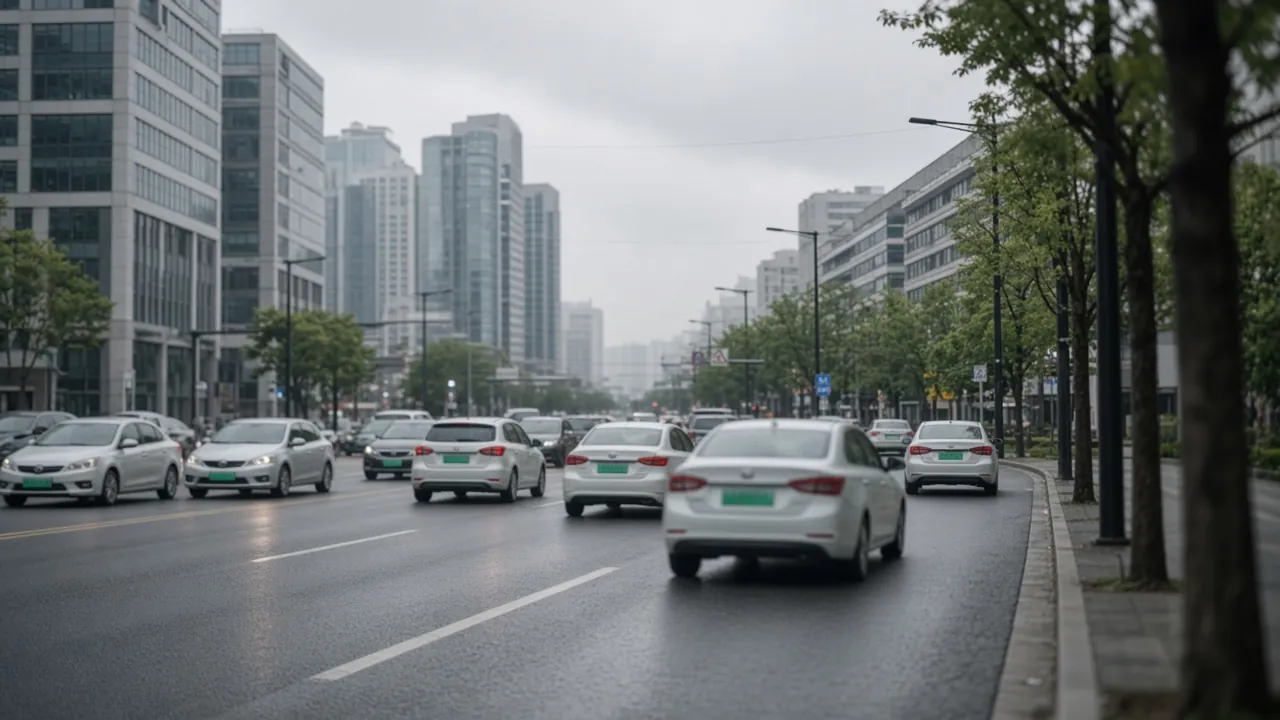 A city street with traffic and cars that have green license plates, and no readable badges