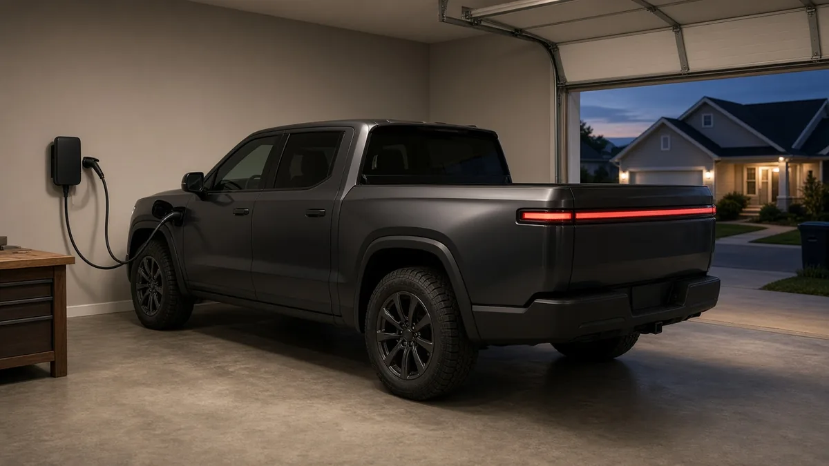 A dark electric pickup truck plugged into a wall-mounted charger in a home garage at dusk, with the door open to a lit house across the street