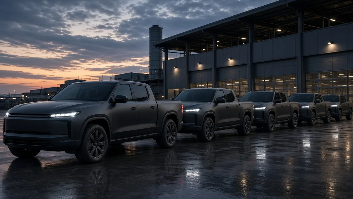 A row of dark electric pickup trucks with light-bar headlamps parked outside a factory building at dusk, with no badges and no people