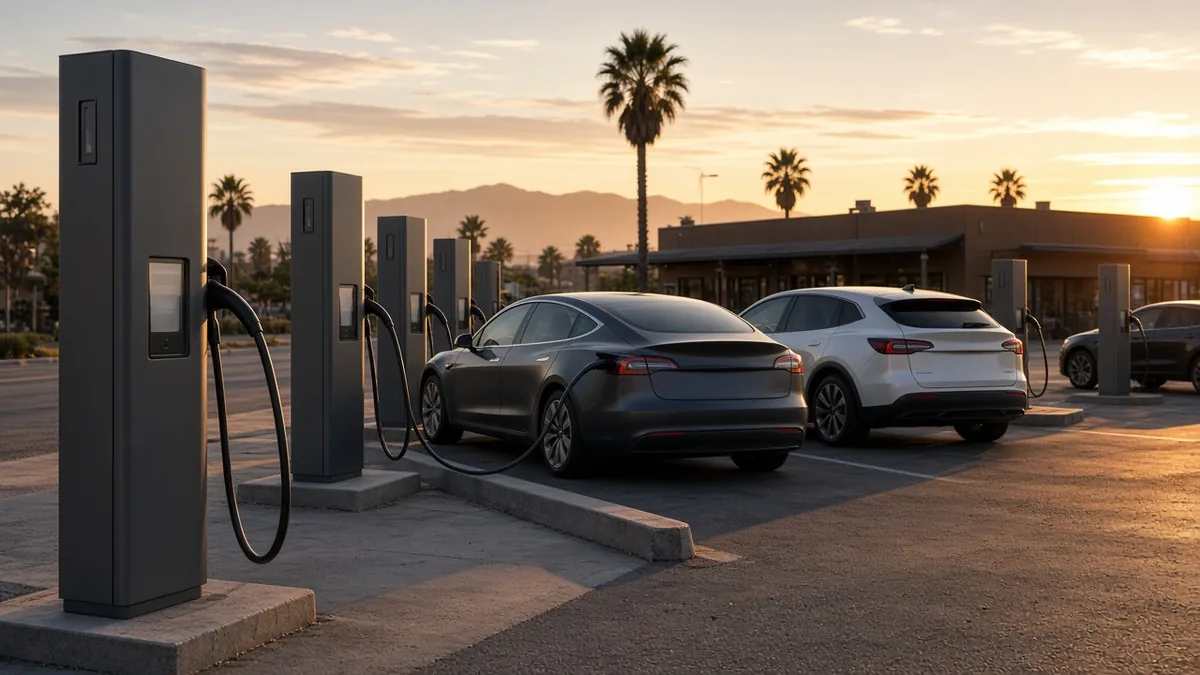 A row of DC fast chargers at a palm-lined plaza at sunset, with two electric cars plugged in and no people