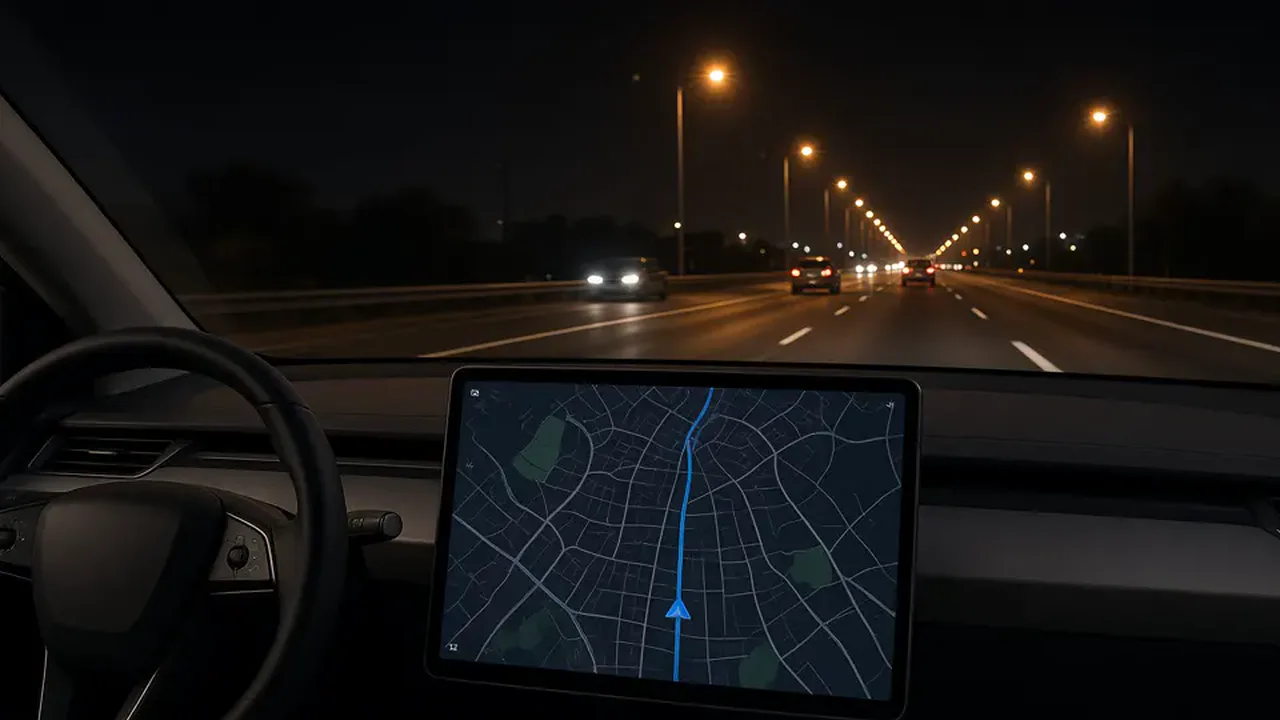 Multi-lane highway traffic seen through a windshield, with no person in the frame