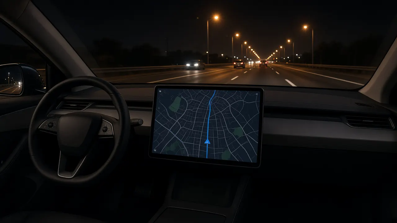 A view through a windshield of a multi-lane highway, with hands on the steering wheel in the foreground
