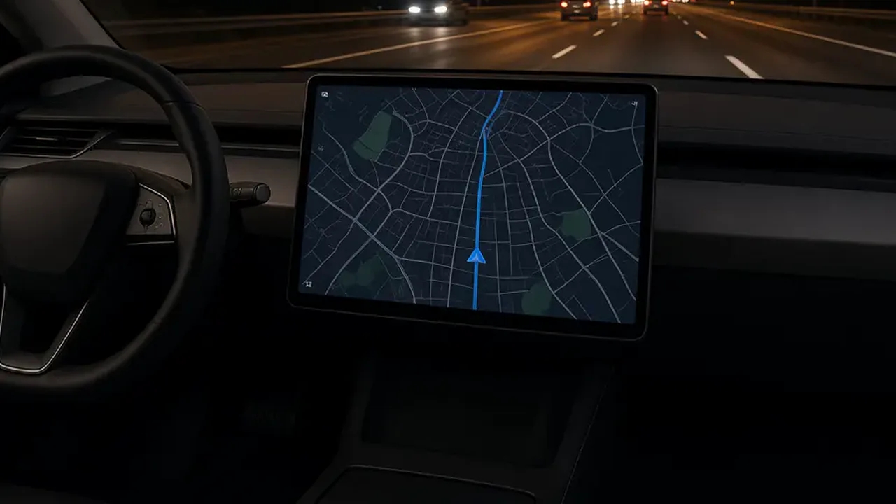Hands resting on a steering wheel, with a highway visible through the windshield