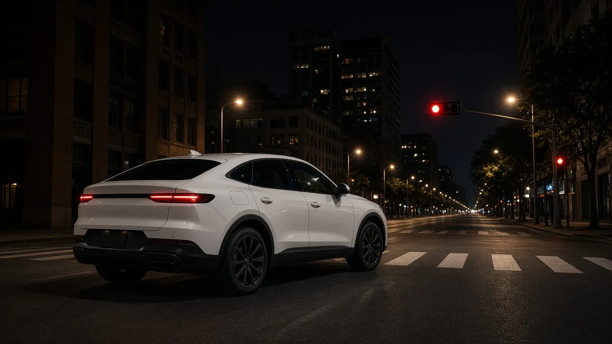 A dark electric SUV with no driver visible travelling along an empty downtown street late at night under streetlights, with no badges