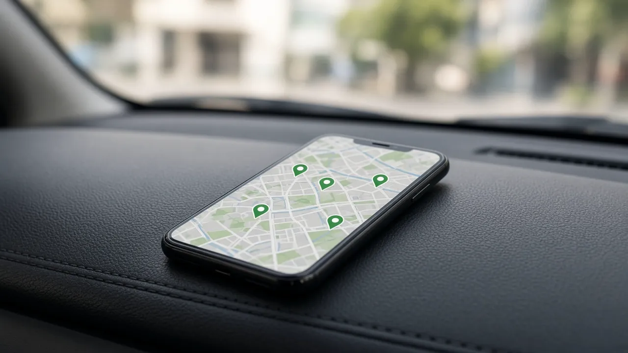 A smartphone on a car dashboard showing a map with charging pins, and no readable text