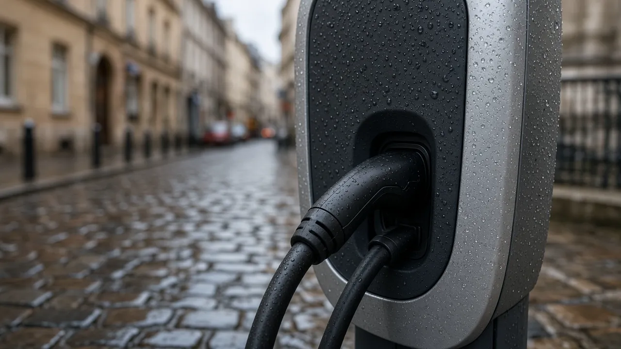 A charging cable plugged into a rain-wet public charging post on a cobbled street