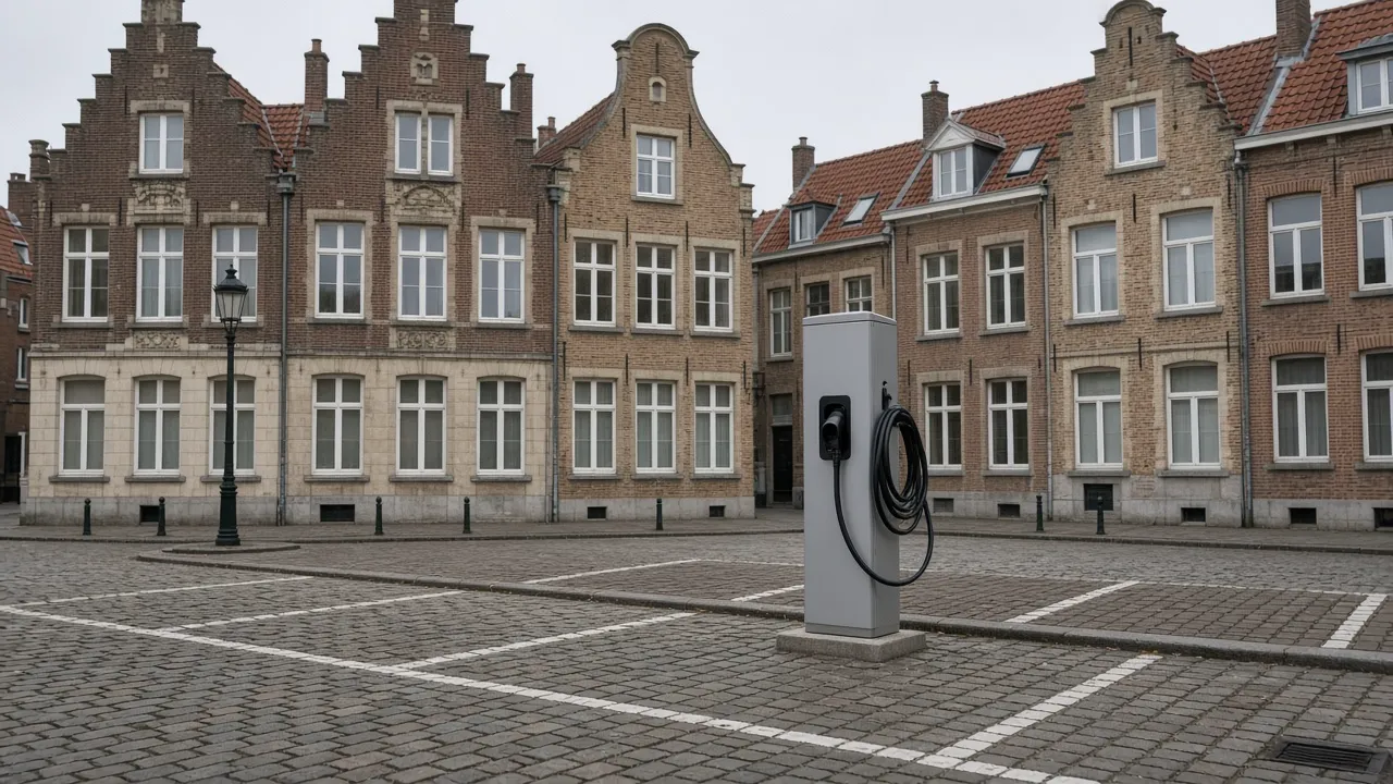 A public charging post beside empty parking bays on a cobbled street with old gabled houses, and no readable logos