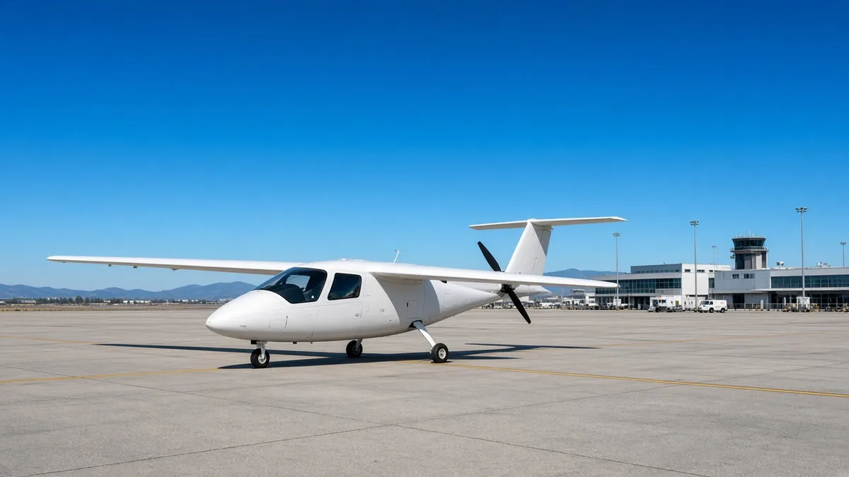 A white single-propeller electric airplane with long straight wings parked on an airport apron under a clear blue sky, with a control tower behind and no markings