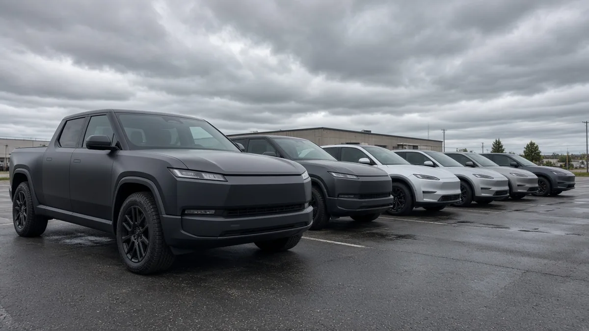 Electric pickup trucks and sport-utility vehicles parked in a row on a wet dealer lot under a heavy grey sky, with no badges and no people