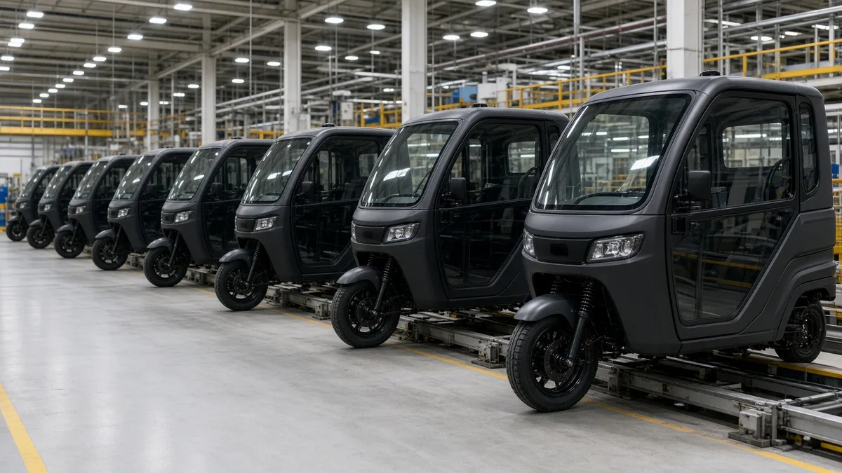 A row of new dark grey three-wheeled passenger vehicles with enclosed cabins lined up on a factory assembly line under bright lights, with no people