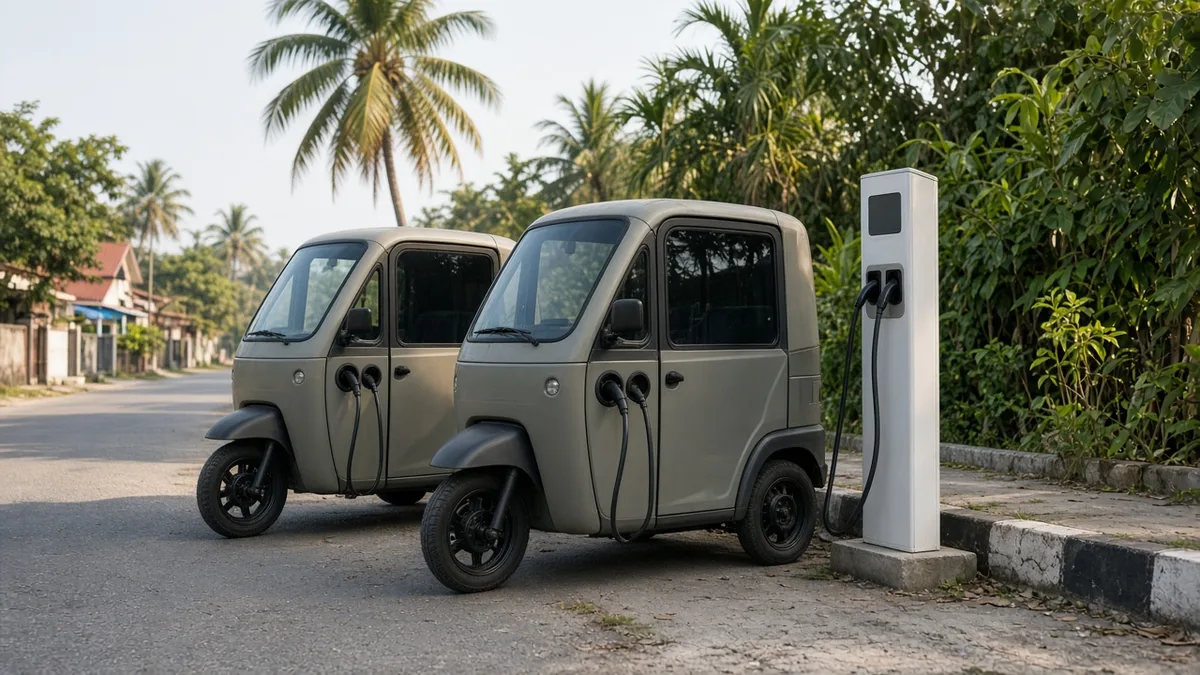Two empty olive-grey three-wheeled passenger vehicles plugged into a white roadside charging post on a quiet street lined with palm trees, with no people