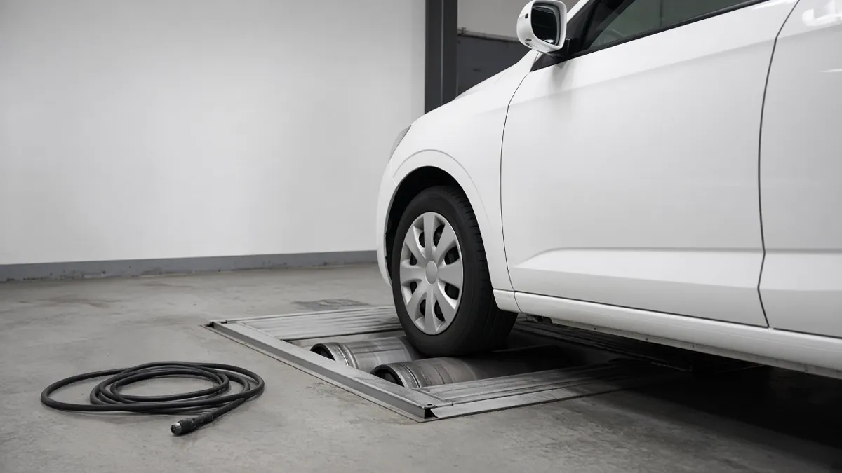 A white car's front wheel on indoor test rollers, with a coiled cable on the floor and no people