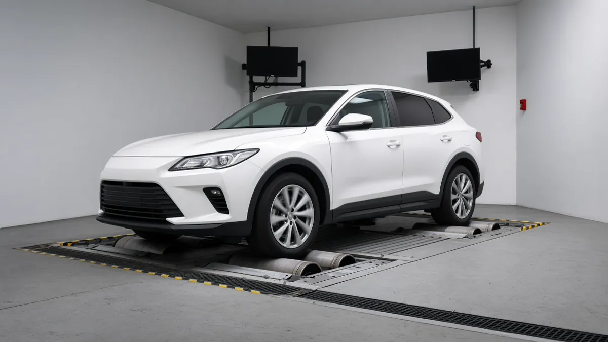 A white crossover on a chassis dynamometer in an empty laboratory, with blank monitors and no people