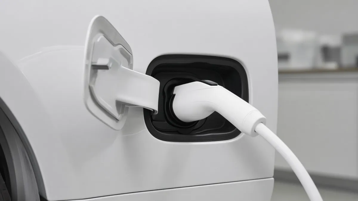 A white charging connector seated in the port of a white car, with no logos or readable text