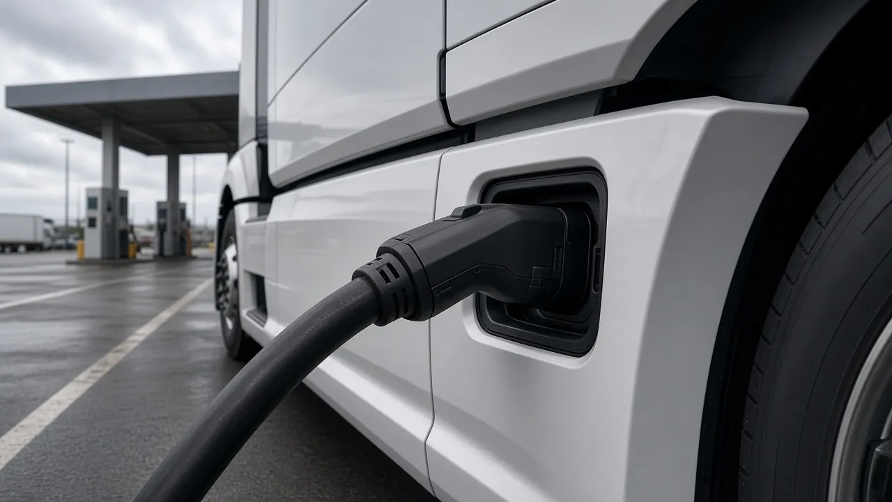 A gloved hand seating a heavy charging connector into a port on the side of a white truck