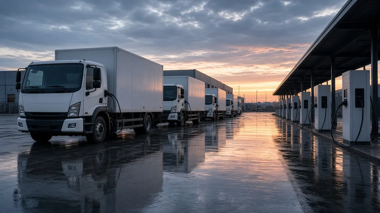 White box trucks parked beside pedestal chargers at a depot at dusk, with no people in the frame