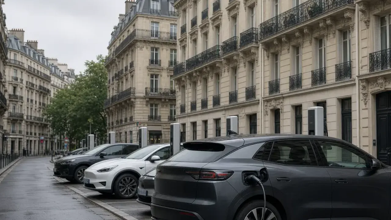 A silver electric crossover and a curbside charger on a city street, with no people in the frame